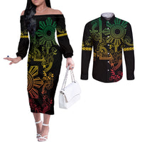 Filipino Sun Tribal Tattoo Couples Matching Off The Shoulder Long Sleeve Dress and Long Sleeve Button Shirt Philippines Inspired Barong Reggae Art LT9 Reggae - Polynesian Pride