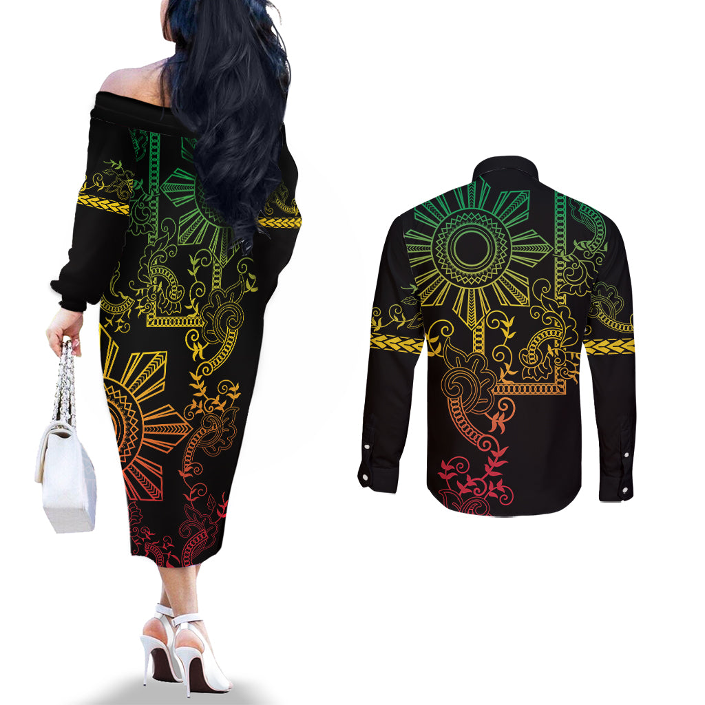 Filipino Sun Tribal Tattoo Couples Matching Off The Shoulder Long Sleeve Dress and Long Sleeve Button Shirt Philippines Inspired Barong Reggae Art LT9 - Polynesian Pride