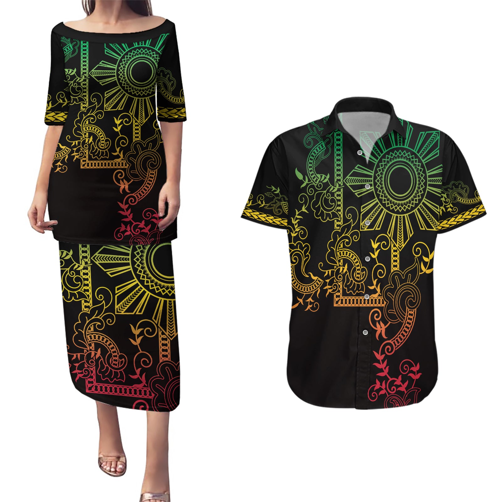 Filipino Sun Tribal Tattoo Couples Matching Puletasi and Hawaiian Shirt Philippines Inspired Barong Reggae Art