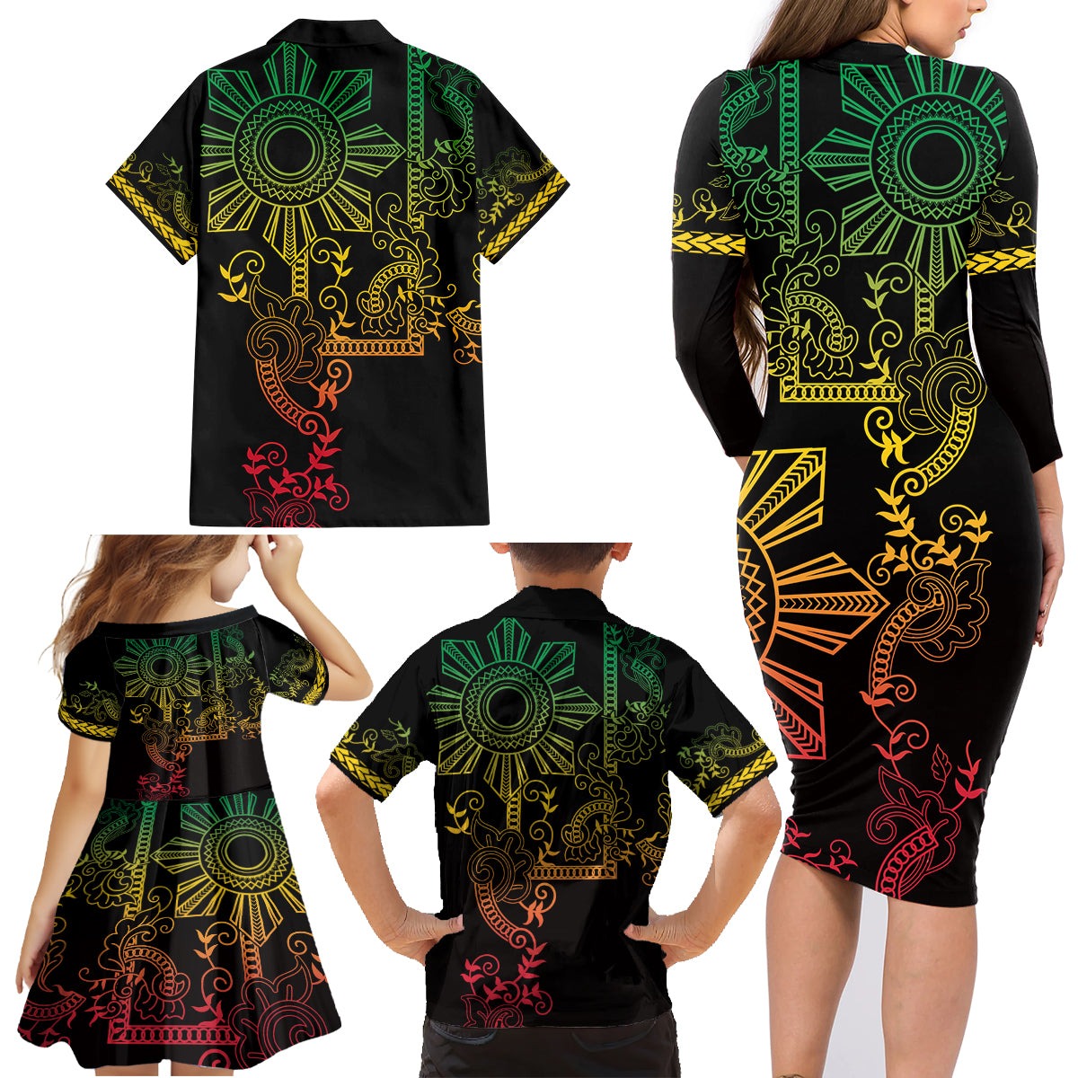 Filipino Sun Tribal Tattoo Family Matching Long Sleeve Bodycon Dress and Hawaiian Shirt Philippines Inspired Barong Reggae Art LT9 - Polynesian Pride