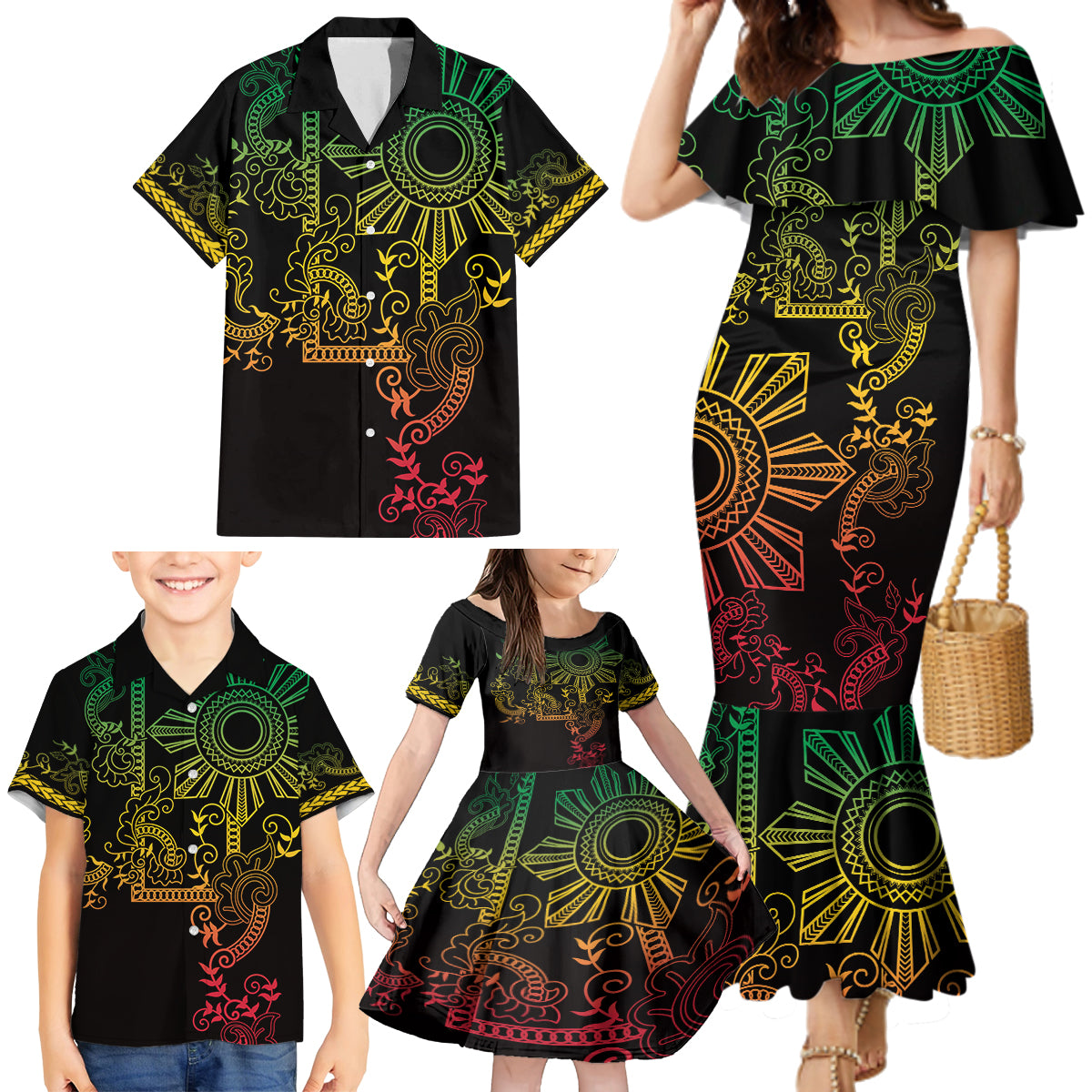 Filipino Sun Tribal Tattoo Family Matching Mermaid Dress and Hawaiian Shirt Philippines Inspired Barong Reggae Art LT9 - Polynesian Pride