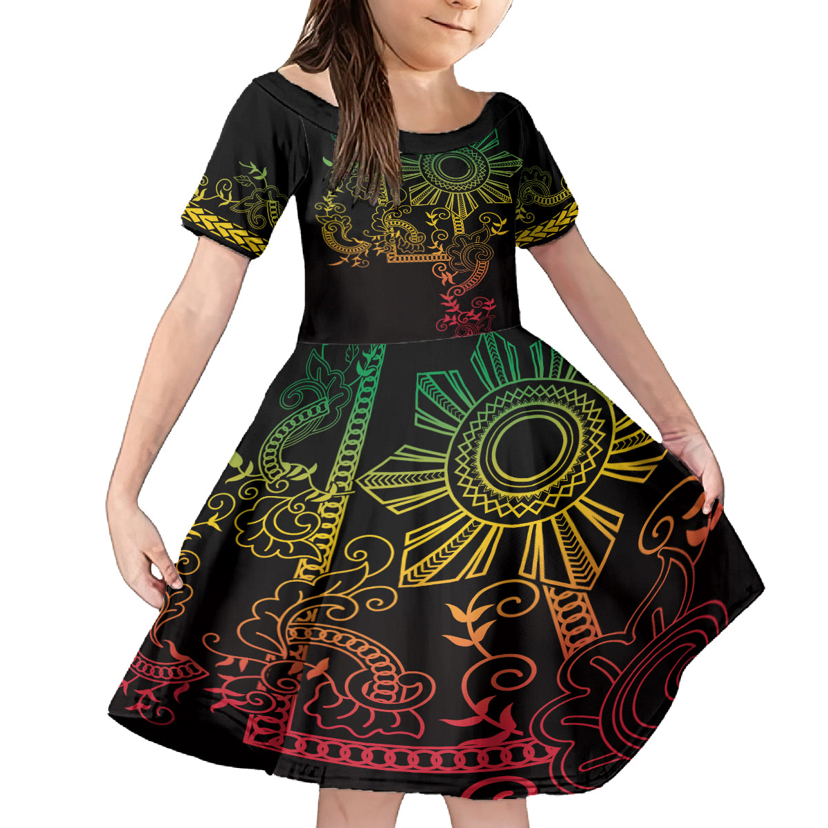 Filipino Sun Tribal Tattoo Family Matching Off The Shoulder Long Sleeve Dress and Hawaiian Shirt Philippines Inspired Barong Reggae Art LT9 Daughter's Dress Reggae - Polynesian Pride