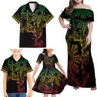Filipino Sun Tribal Tattoo Family Matching Off Shoulder Maxi Dress and Hawaiian Shirt Philippines Inspired Barong Reggae Art LT9 - Polynesian Pride