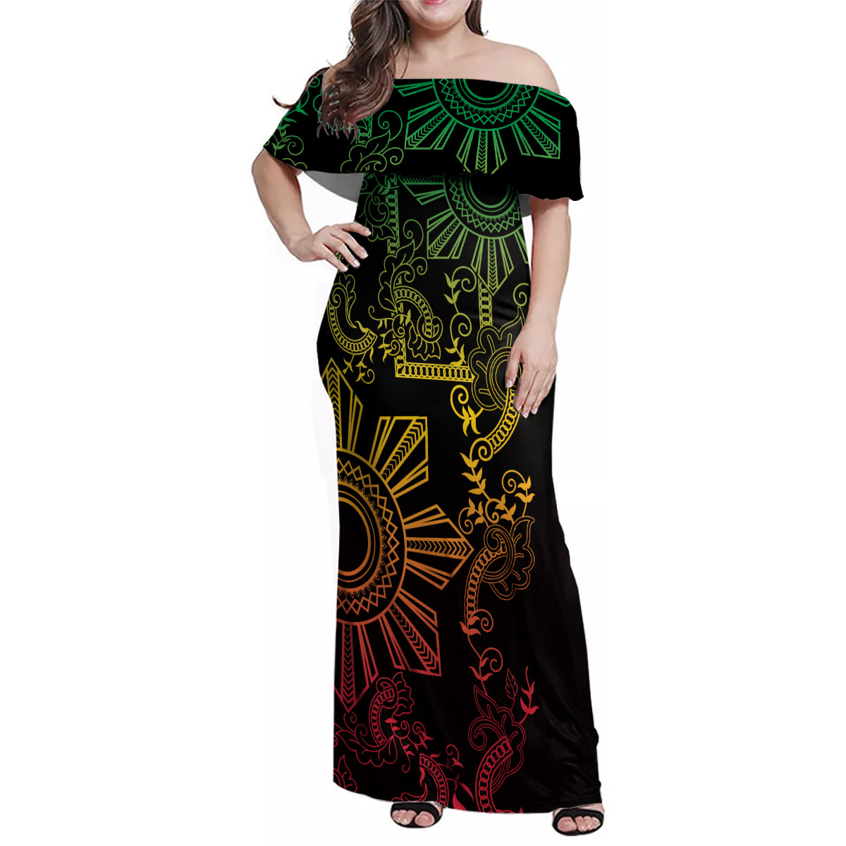 Filipino Sun Tribal Tattoo Family Matching Off Shoulder Maxi Dress and Hawaiian Shirt Philippines Inspired Barong Reggae Art LT9 Mom's Dress Reggae - Polynesian Pride
