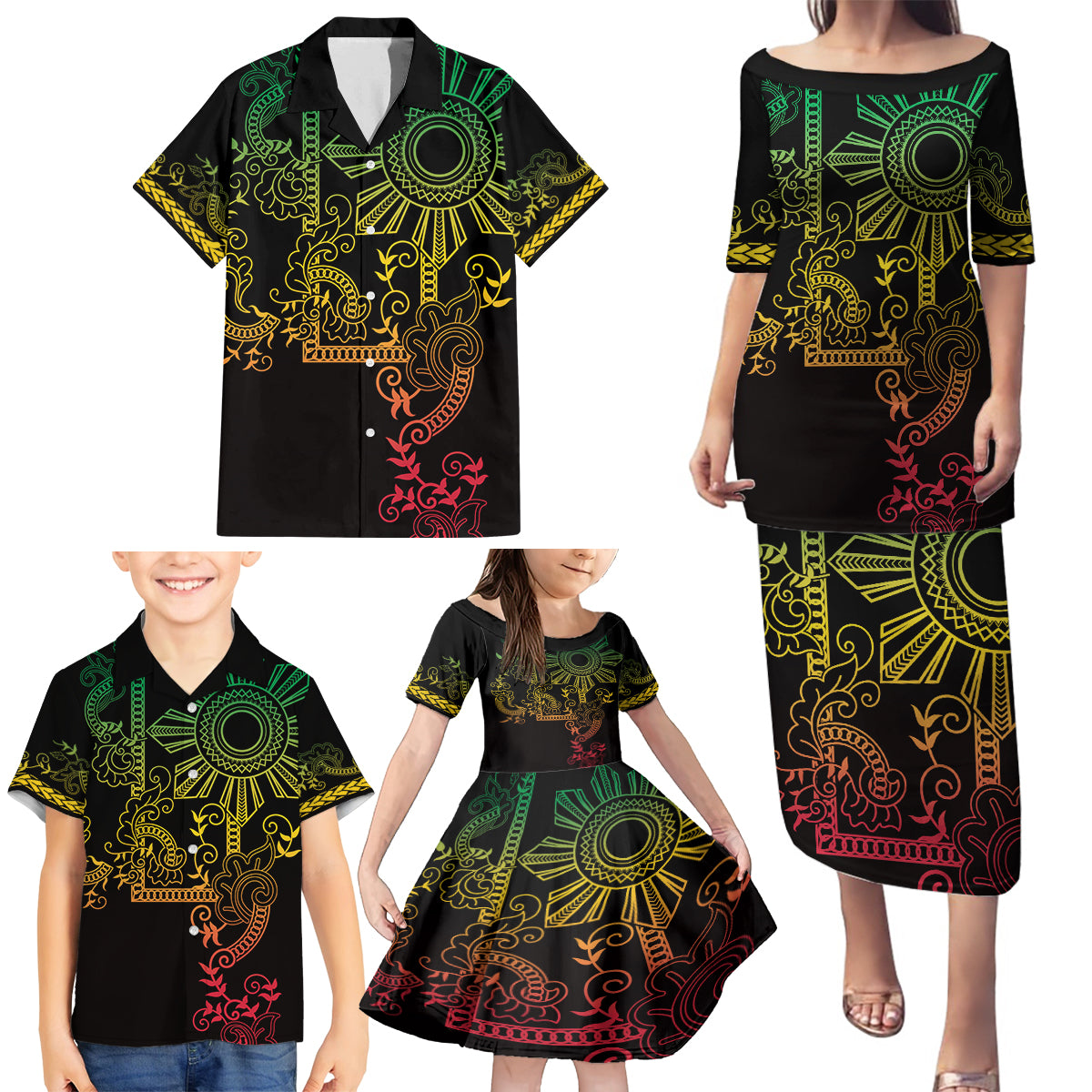 Filipino Sun Tribal Tattoo Family Matching Puletasi and Hawaiian Shirt Philippines Inspired Barong Reggae Art LT9 - Polynesian Pride