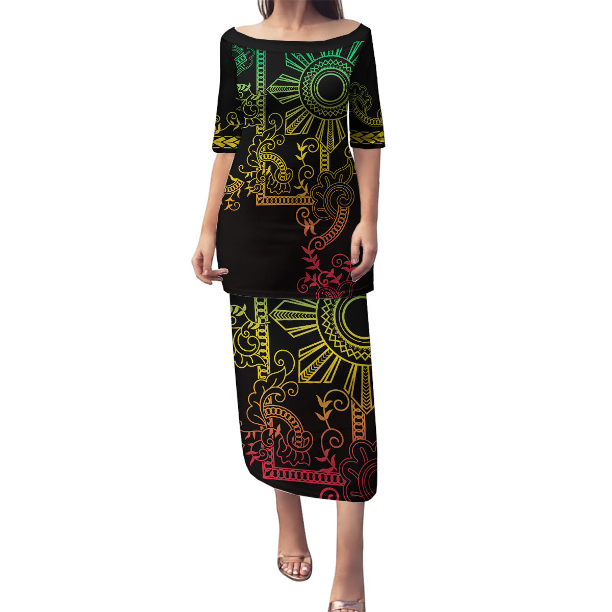 Filipino Sun Tribal Tattoo Family Matching Puletasi and Hawaiian Shirt Philippines Inspired Barong Reggae Art LT9 Mom's Dress Reggae - Polynesian Pride