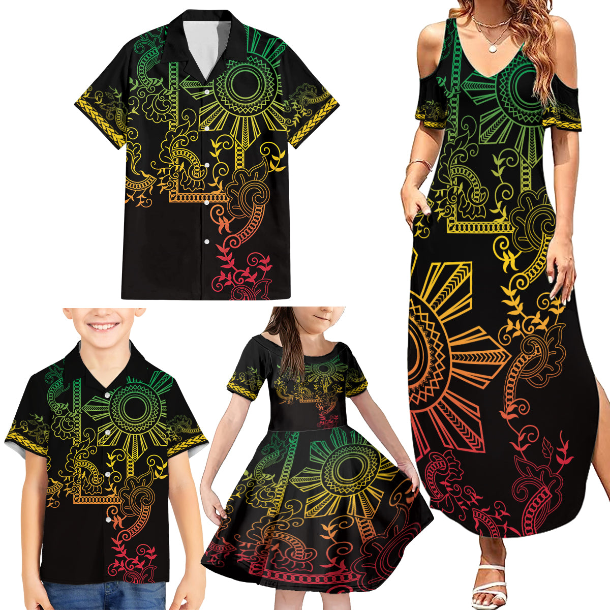 Filipino Sun Tribal Tattoo Family Matching Summer Maxi Dress and Hawaiian Shirt Philippines Inspired Barong Reggae Art LT9 - Polynesian Pride
