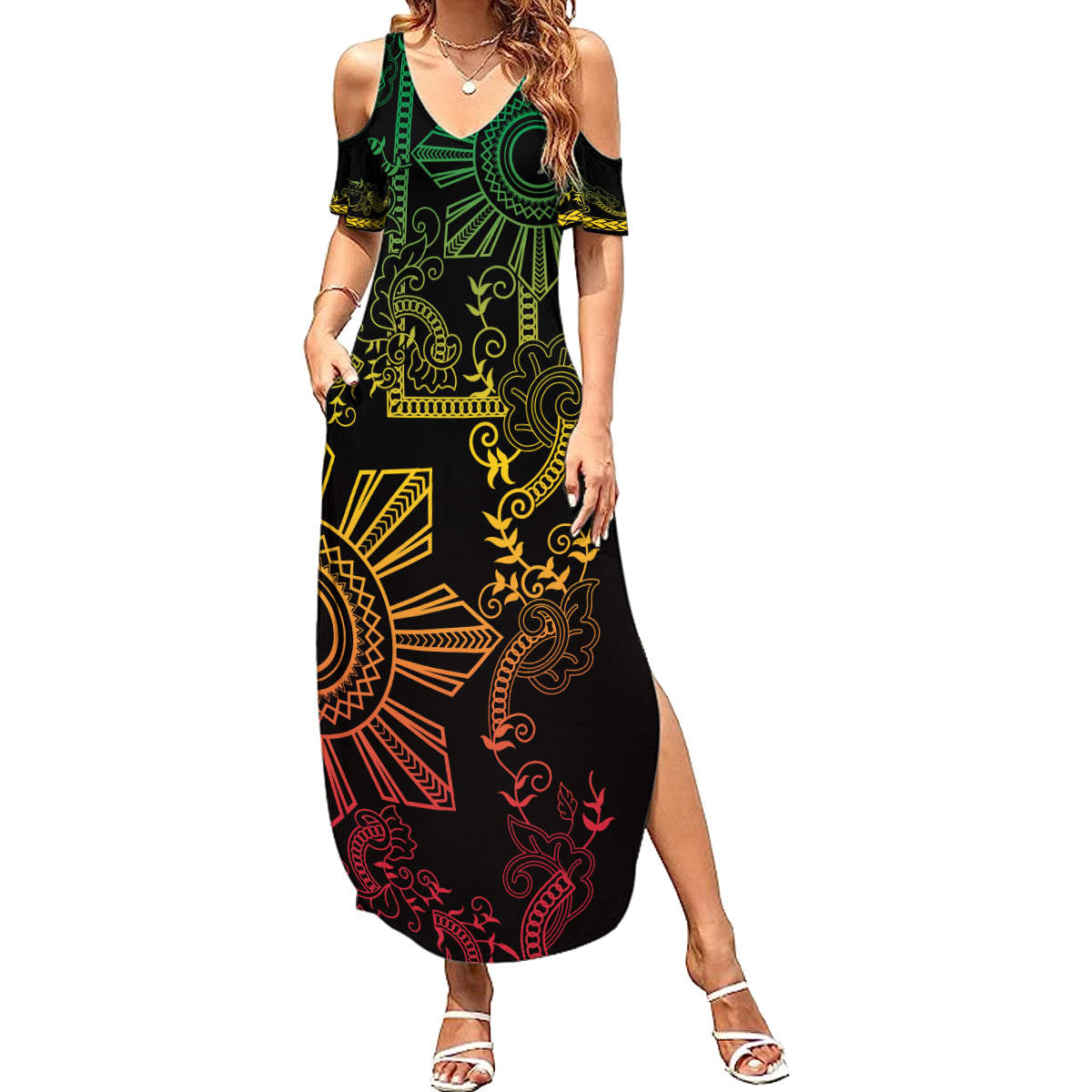 Filipino Sun Tribal Tattoo Family Matching Summer Maxi Dress and Hawaiian Shirt Philippines Inspired Barong Reggae Art LT9 Mom's Dress Reggae - Polynesian Pride