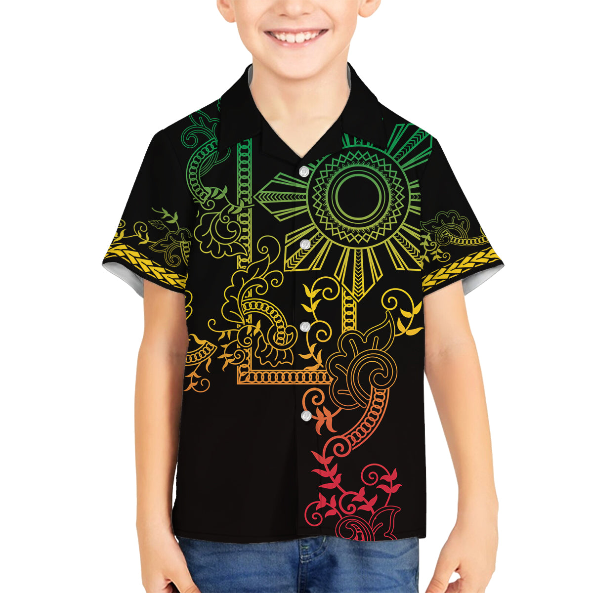 Filipino Sun Tribal Tattoo Family Matching Summer Maxi Dress and Hawaiian Shirt Philippines Inspired Barong Reggae Art LT9 Son's Shirt Reggae - Polynesian Pride