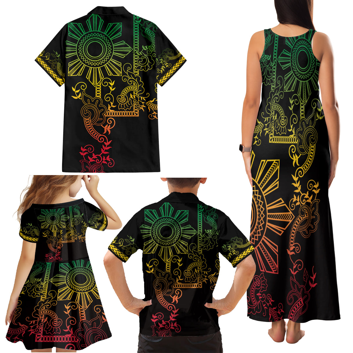 Filipino Sun Tribal Tattoo Family Matching Tank Maxi Dress and Hawaiian Shirt Philippines Inspired Barong Reggae Art LT9 - Polynesian Pride