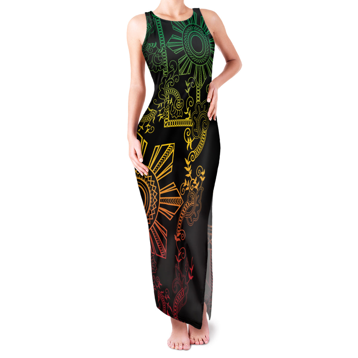 Filipino Sun Tribal Tattoo Family Matching Tank Maxi Dress and Hawaiian Shirt Philippines Inspired Barong Reggae Art LT9 Mom's Dress Reggae - Polynesian Pride