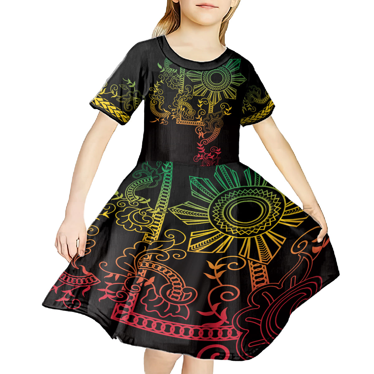 Filipino Sun Tribal Tattoo Kid Short Sleeve Dress Philippines Inspired Barong Reggae Art LT9 - Polynesian Pride
