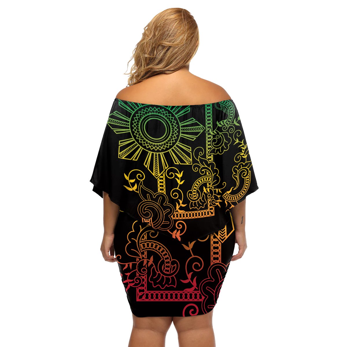 Filipino Sun Tribal Tattoo Off Shoulder Short Dress Philippines Inspired Barong Reggae Art LT9 - Polynesian Pride