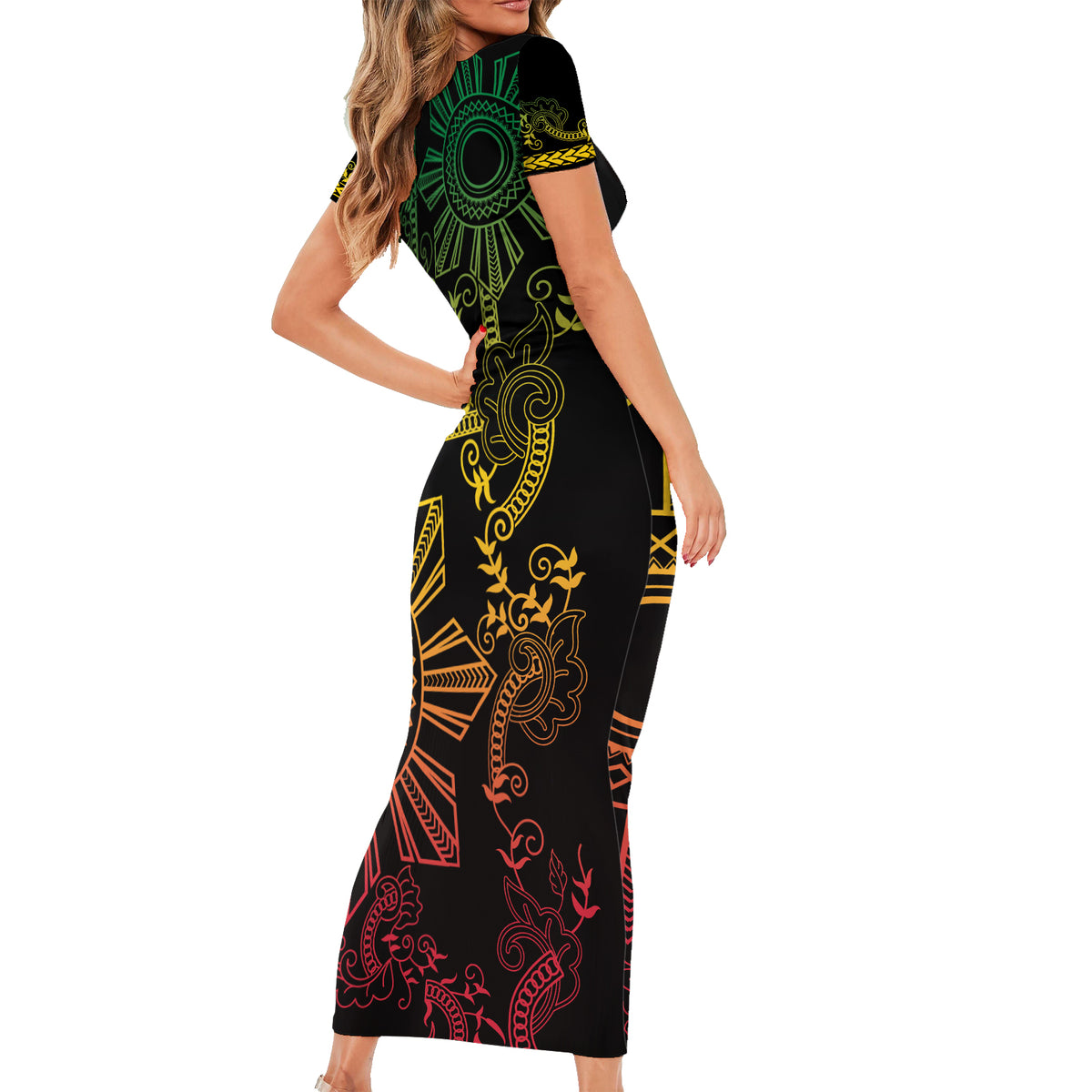 Filipino Sun Tribal Tattoo Short Sleeve Bodycon Dress Philippines Inspired Barong Reggae Art LT9 - Polynesian Pride