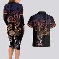 Filipino Sun Tribal Tattoo Couples Matching Long Sleeve Bodycon Dress and Hawaiian Shirt Philippines Inspired Barong Pink Art LT9 - Polynesian Pride