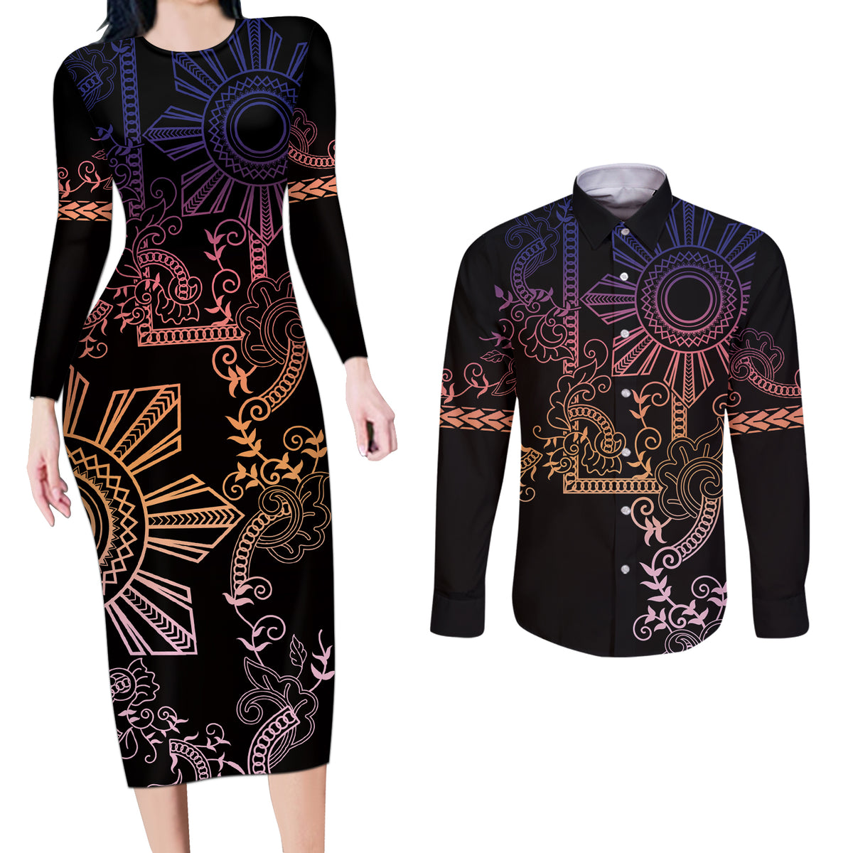 Filipino Sun Tribal Tattoo Couples Matching Long Sleeve Bodycon Dress and Long Sleeve Button Shirt Philippines Inspired Barong Pink Art LT9 Pink - Polynesian Pride