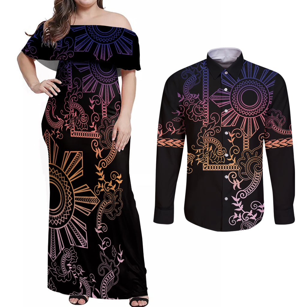 Filipino Sun Tribal Tattoo Couples Matching Off Shoulder Maxi Dress and Long Sleeve Button Shirt Philippines Inspired Barong Pink Art LT9 Pink - Polynesian Pride