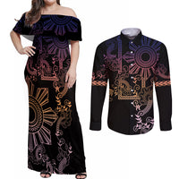 Filipino Sun Tribal Tattoo Couples Matching Off Shoulder Maxi Dress and Long Sleeve Button Shirt Philippines Inspired Barong Pink Art LT9 Pink - Polynesian Pride