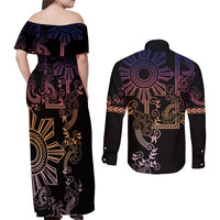 Filipino Sun Tribal Tattoo Couples Matching Off Shoulder Maxi Dress and Long Sleeve Button Shirt Philippines Inspired Barong Pink Art LT9 - Polynesian Pride