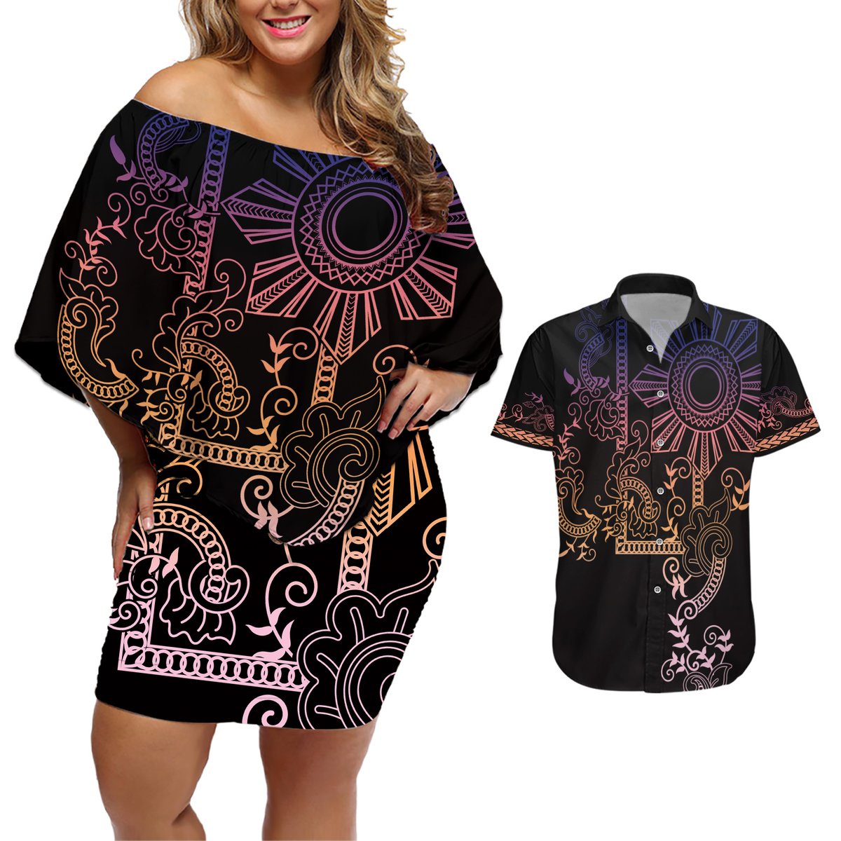 Filipino Sun Tribal Tattoo Couples Matching Off Shoulder Short Dress and Hawaiian Shirt Philippines Inspired Barong Pink Art LT9 Pink - Polynesian Pride