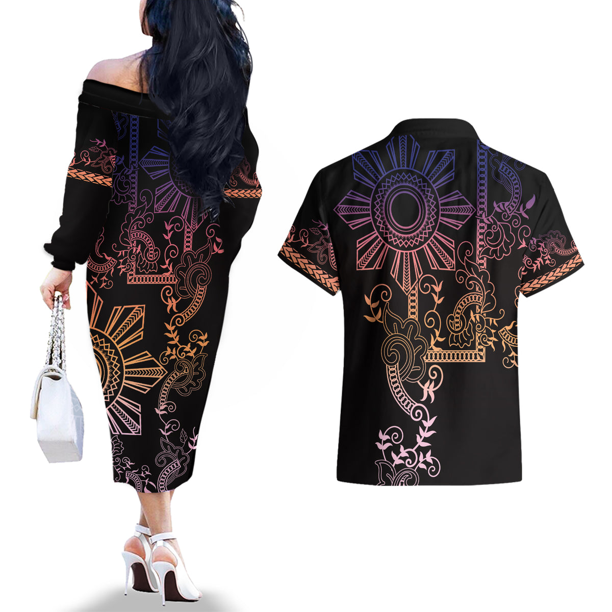 Filipino Sun Tribal Tattoo Couples Matching Off The Shoulder Long Sleeve Dress and Hawaiian Shirt Philippines Inspired Barong Pink Art LT9 - Polynesian Pride