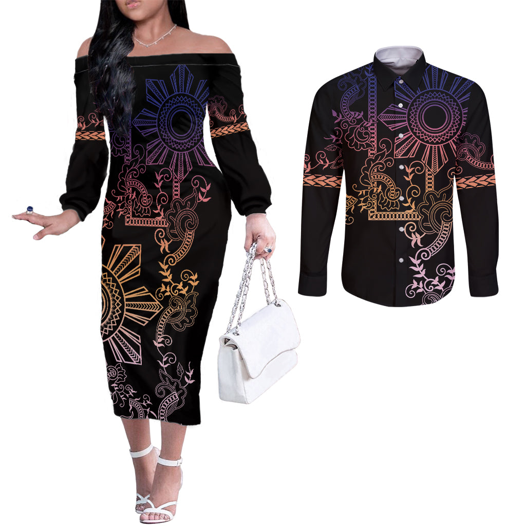 Filipino Sun Tribal Tattoo Couples Matching Off The Shoulder Long Sleeve Dress and Long Sleeve Button Shirt Philippines Inspired Barong Pink Art LT9 Pink - Polynesian Pride