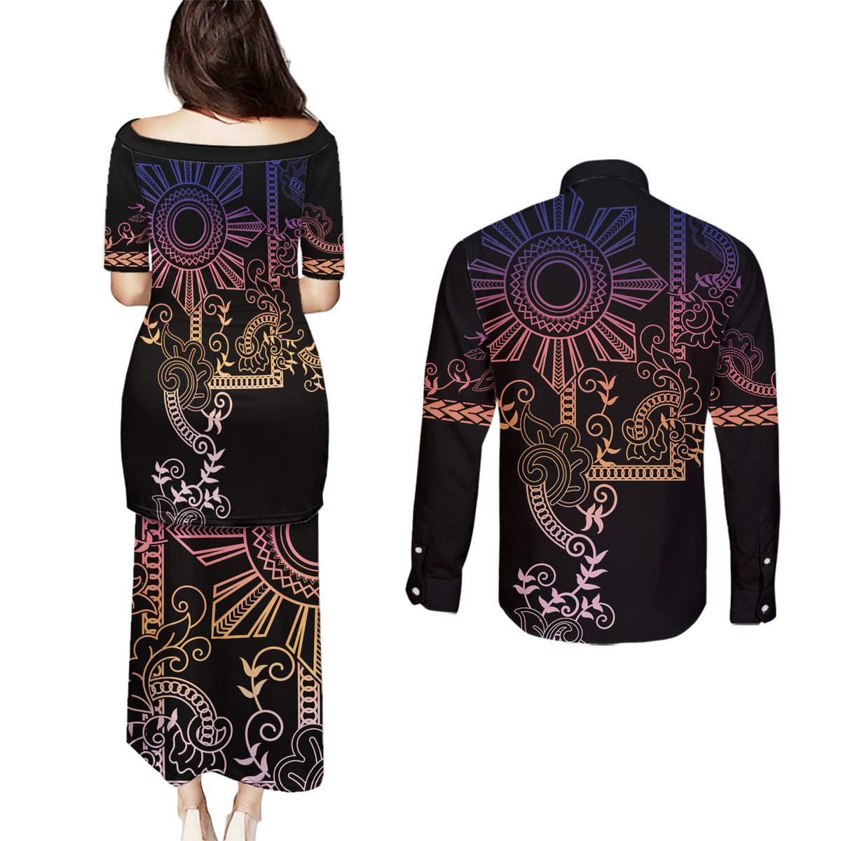 Filipino Sun Tribal Tattoo Couples Matching Puletasi and Long Sleeve Button Shirt Philippines Inspired Barong Pink Art LT9 - Polynesian Pride