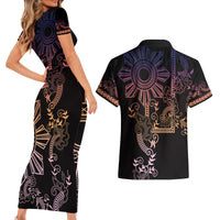 Filipino Sun Tribal Tattoo Couples Matching Short Sleeve Bodycon Dress and Hawaiian Shirt Philippines Inspired Barong Pink Art LT9 - Polynesian Pride