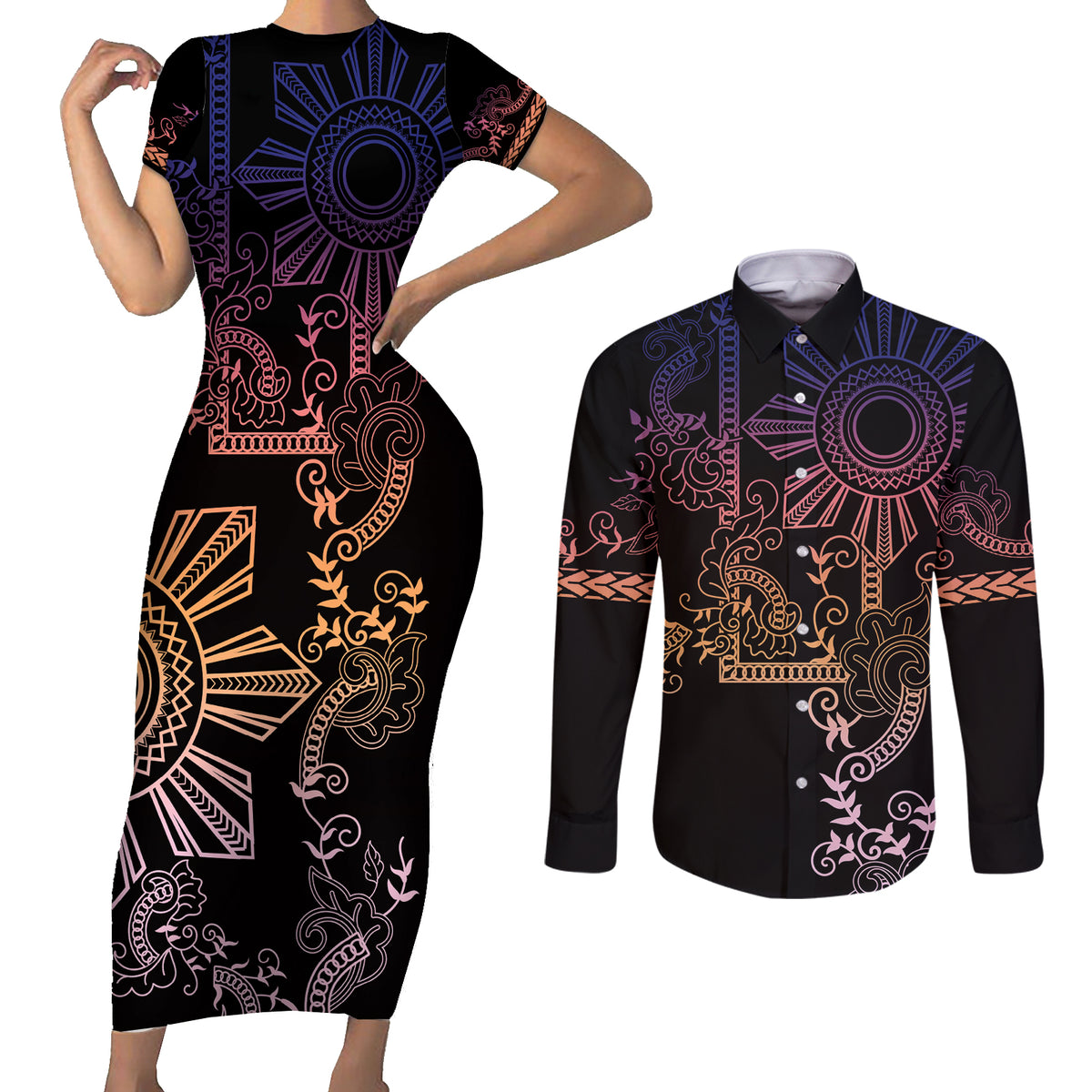 Filipino Sun Tribal Tattoo Couples Matching Short Sleeve Bodycon Dress and Long Sleeve Button Shirt Philippines Inspired Barong Pink Art LT9 Pink - Polynesian Pride