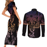 Filipino Sun Tribal Tattoo Couples Matching Short Sleeve Bodycon Dress and Long Sleeve Button Shirt Philippines Inspired Barong Pink Art LT9 - Polynesian Pride