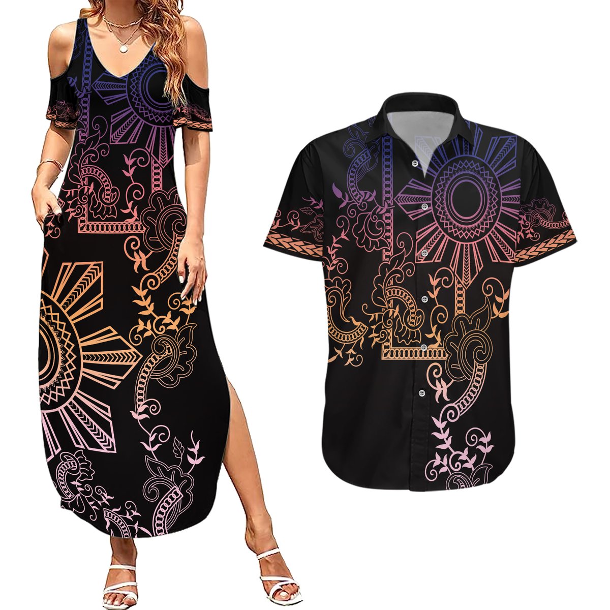 Filipino Sun Tribal Tattoo Couples Matching Summer Maxi Dress and Hawaiian Shirt Philippines Inspired Barong Pink Art LT9 Pink - Polynesian Pride