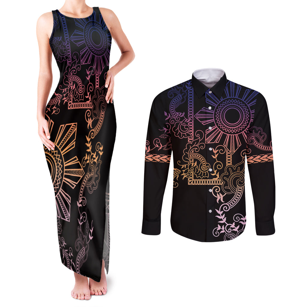 Filipino Sun Tribal Tattoo Couples Matching Tank Maxi Dress and Long Sleeve Button Shirt Philippines Inspired Barong Pink Art LT9 Pink - Polynesian Pride