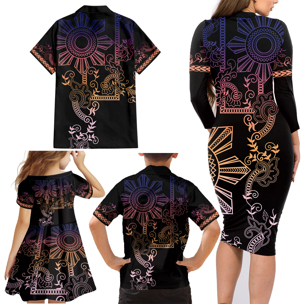 Filipino Sun Tribal Tattoo Family Matching Long Sleeve Bodycon Dress and Hawaiian Shirt Philippines Inspired Barong Pink Art LT9 - Polynesian Pride