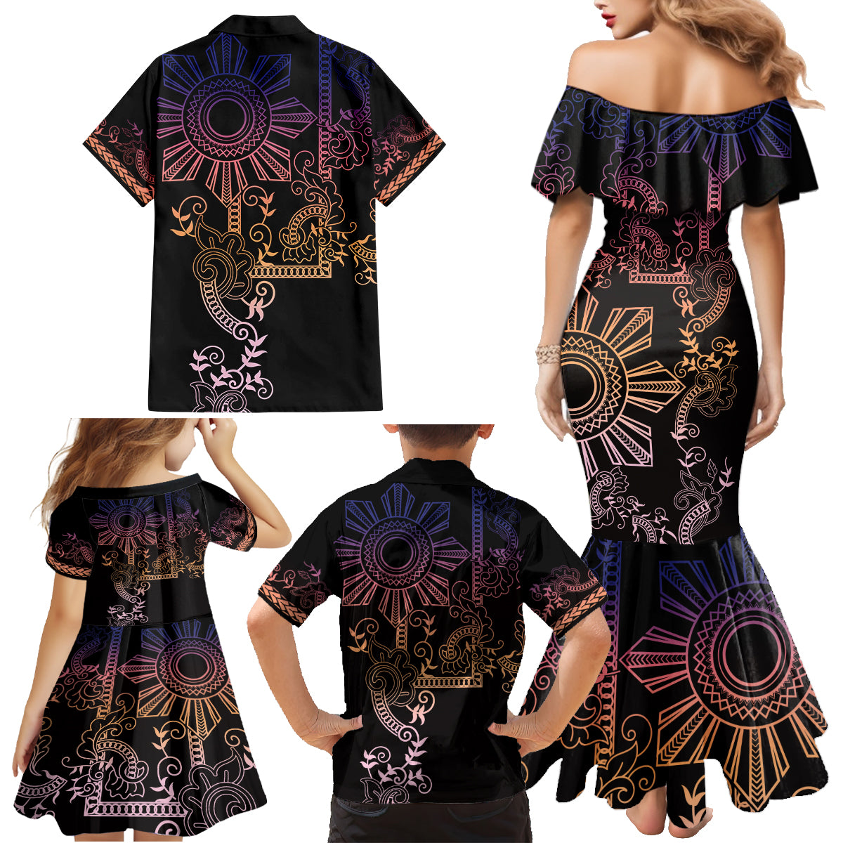 Filipino Sun Tribal Tattoo Family Matching Mermaid Dress and Hawaiian Shirt Philippines Inspired Barong Pink Art LT9 - Polynesian Pride