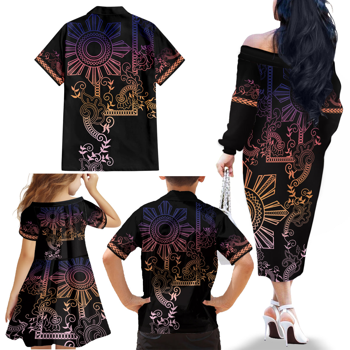 Filipino Sun Tribal Tattoo Family Matching Off The Shoulder Long Sleeve Dress and Hawaiian Shirt Philippines Inspired Barong Pink Art LT9 - Polynesian Pride