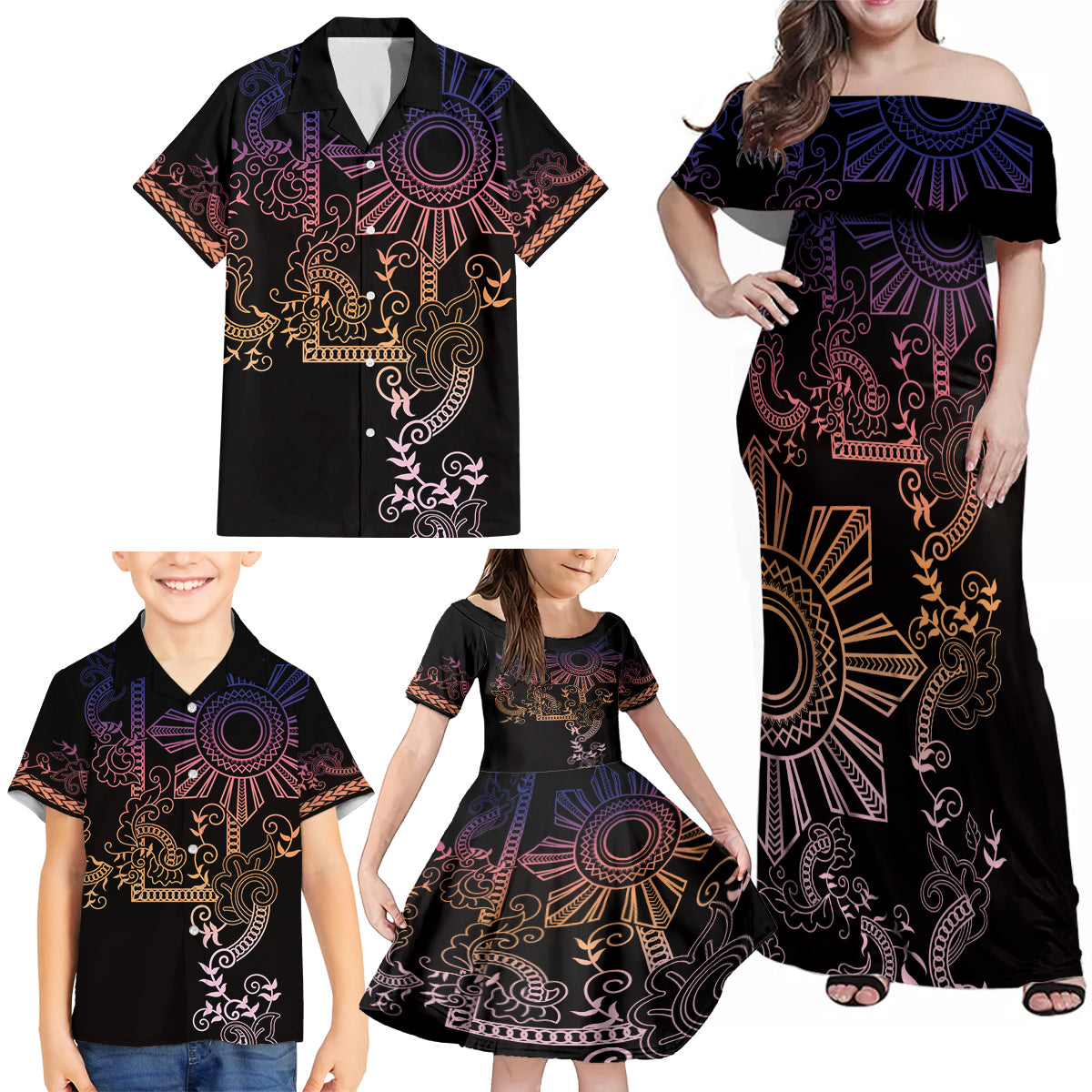 Filipino Sun Tribal Tattoo Family Matching Off Shoulder Maxi Dress and Hawaiian Shirt Philippines Inspired Barong Pink Art LT9 - Polynesian Pride