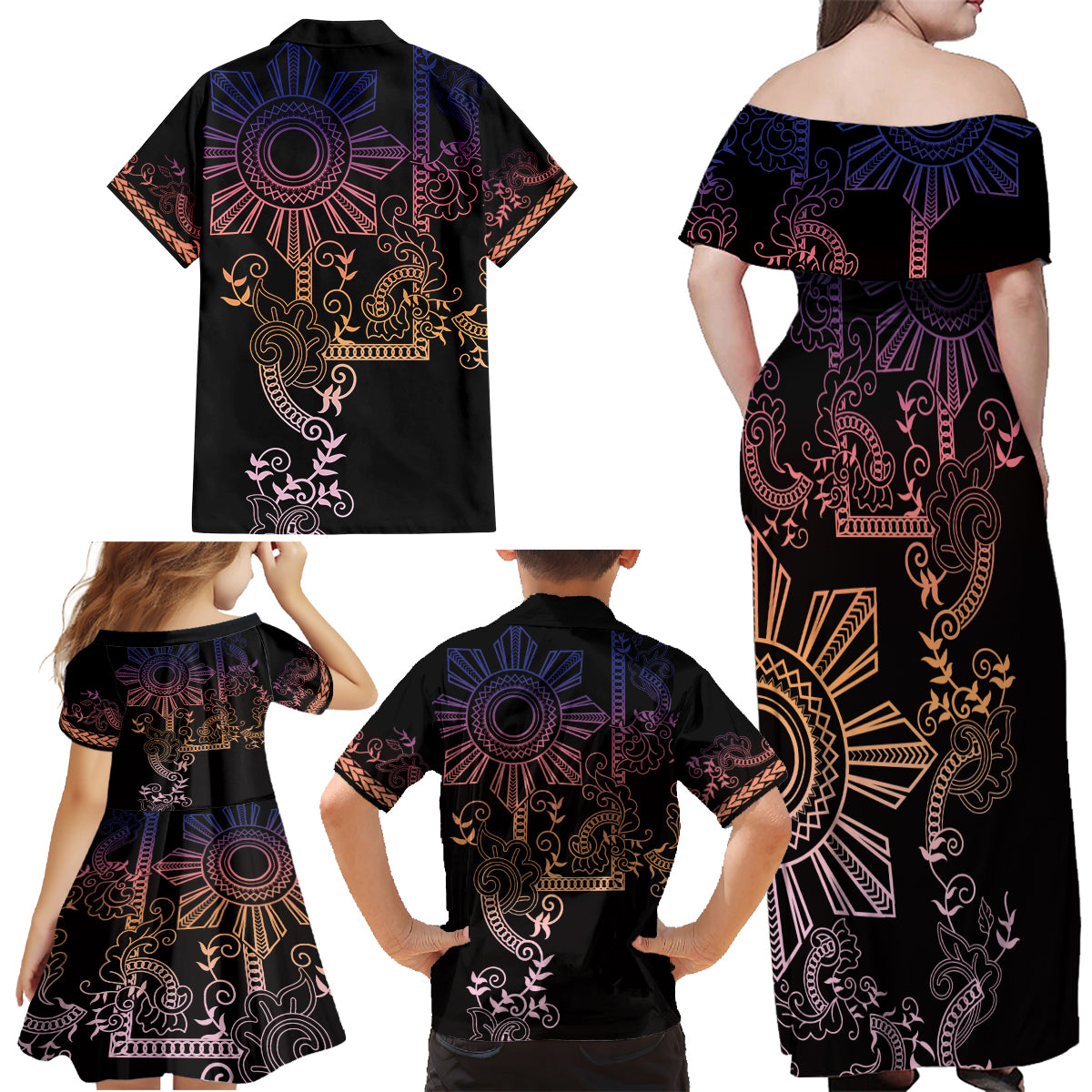 Filipino Sun Tribal Tattoo Family Matching Off Shoulder Maxi Dress and Hawaiian Shirt Philippines Inspired Barong Pink Art LT9 - Polynesian Pride