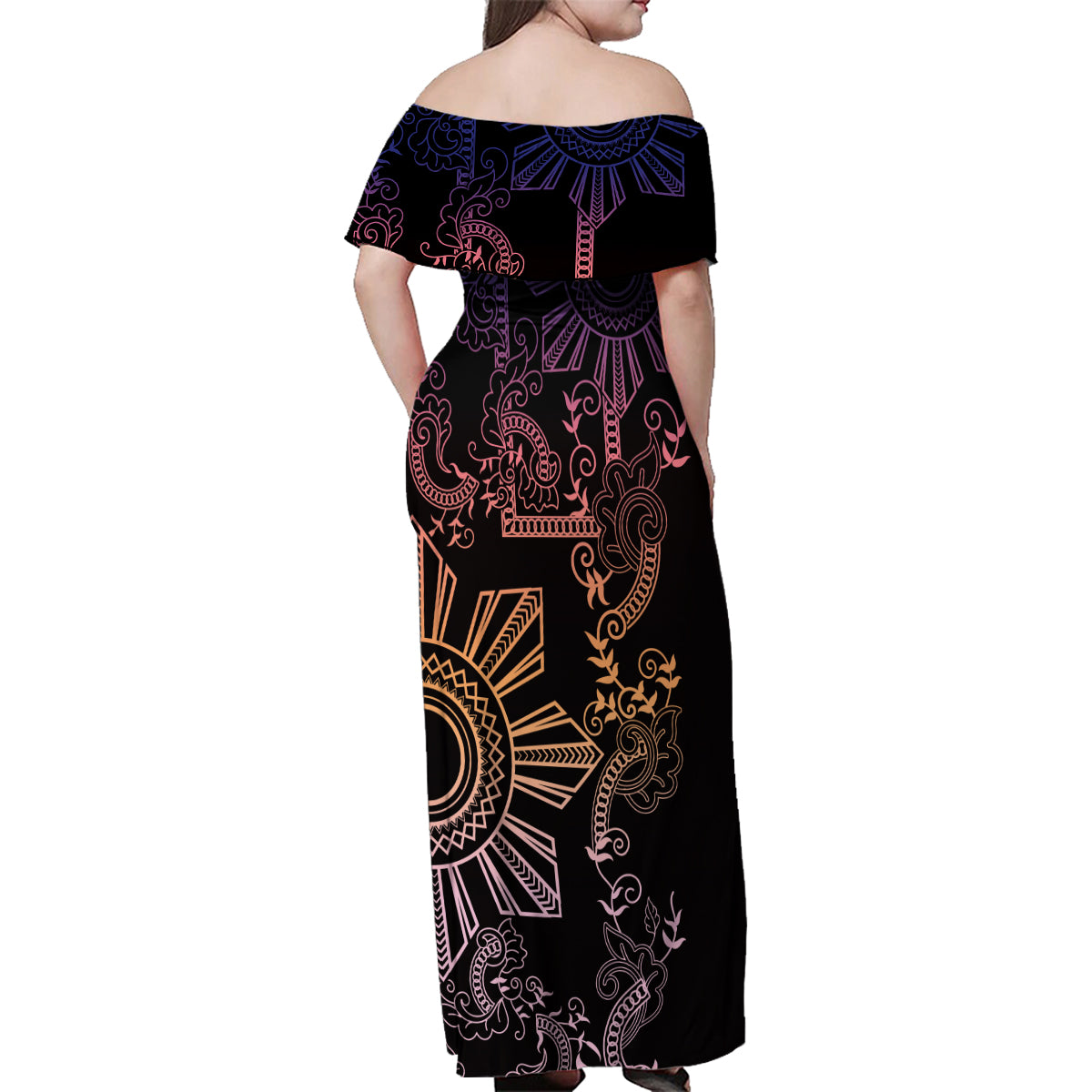 Filipino Sun Tribal Tattoo Family Matching Off Shoulder Maxi Dress and Hawaiian Shirt Philippines Inspired Barong Pink Art LT9 - Polynesian Pride