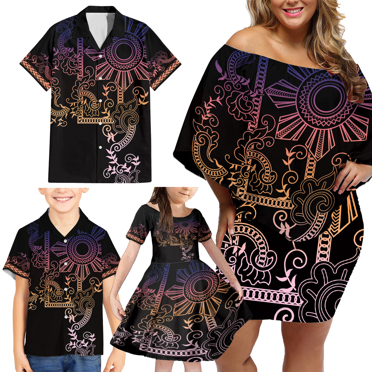 Filipino Sun Tribal Tattoo Family Matching Off Shoulder Short Dress and Hawaiian Shirt Philippines Inspired Barong Pink Art LT9 - Polynesian Pride