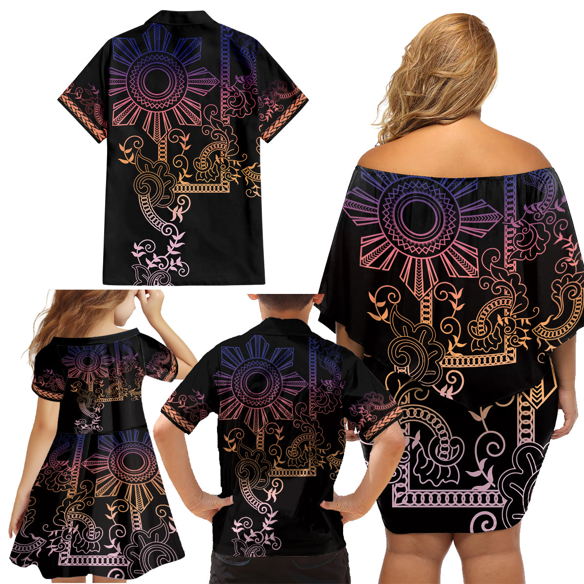 Filipino Sun Tribal Tattoo Family Matching Off Shoulder Short Dress and Hawaiian Shirt Philippines Inspired Barong Pink Art LT9 - Polynesian Pride