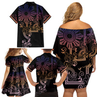 Filipino Sun Tribal Tattoo Family Matching Off Shoulder Short Dress and Hawaiian Shirt Philippines Inspired Barong Pink Art LT9 - Polynesian Pride