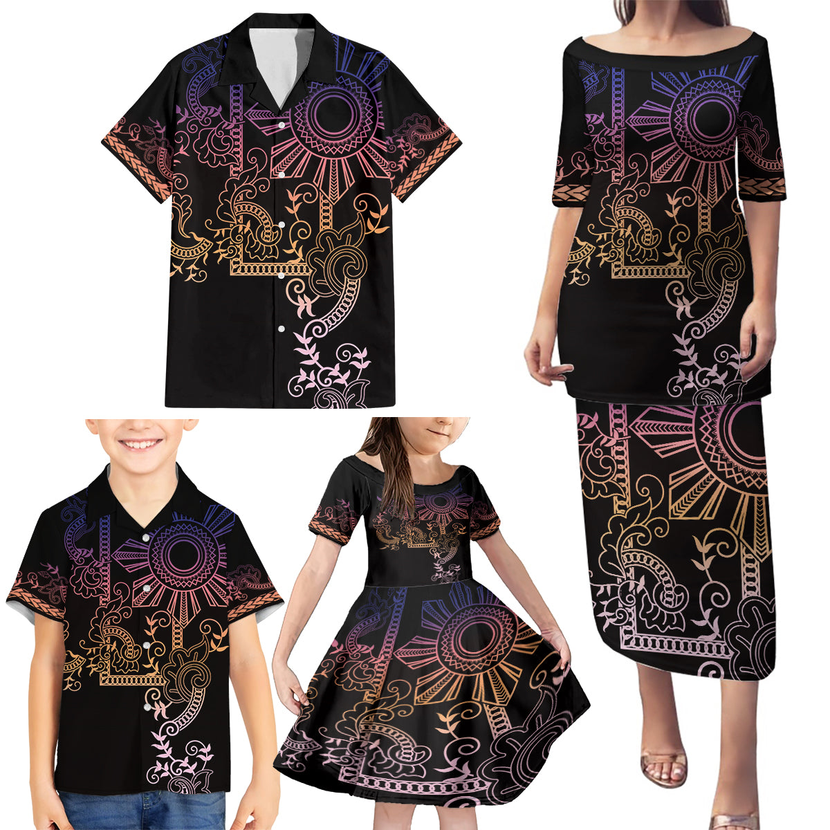 Filipino Sun Tribal Tattoo Family Matching Puletasi and Hawaiian Shirt Philippines Inspired Barong Pink Art LT9 - Polynesian Pride