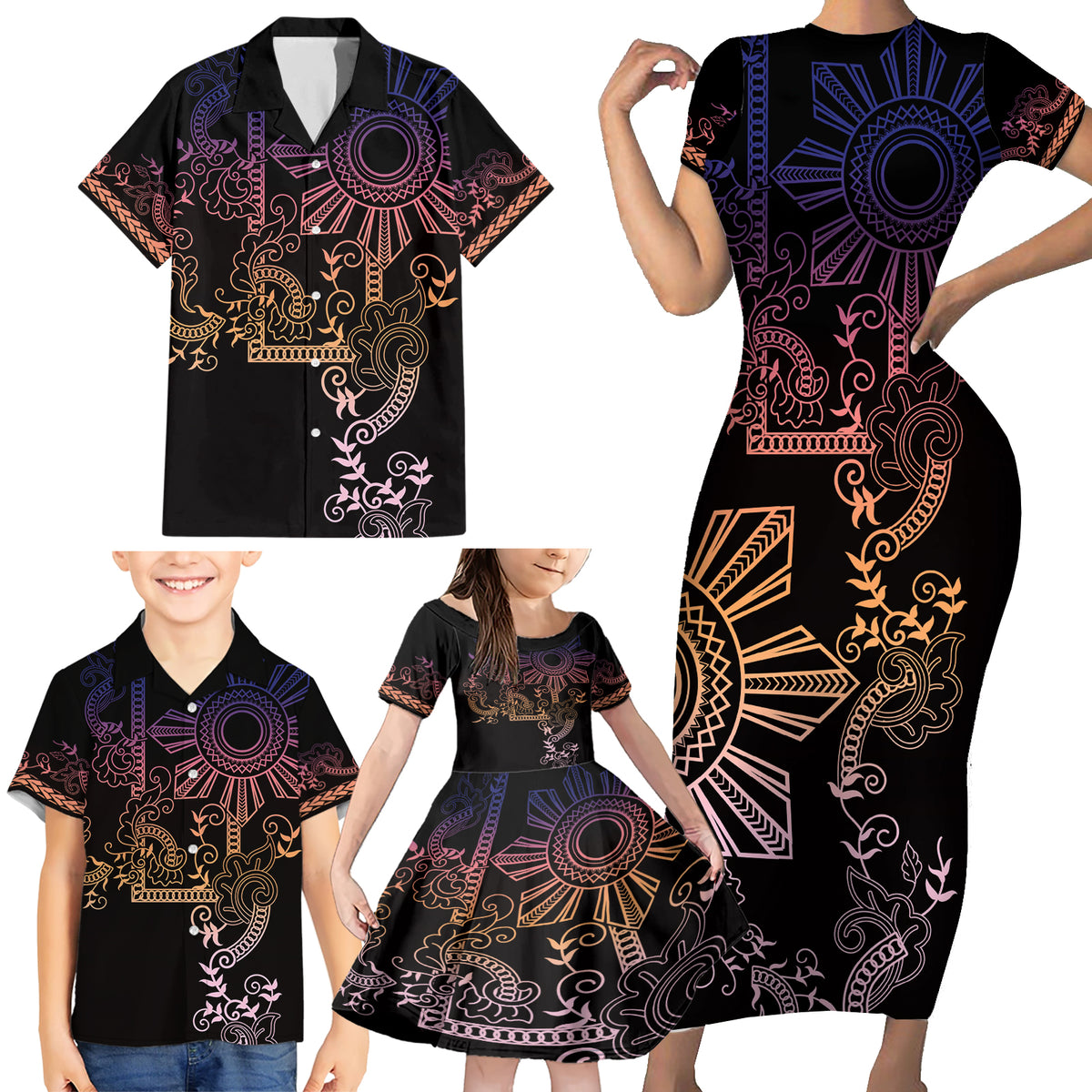 Filipino Sun Tribal Tattoo Family Matching Short Sleeve Bodycon Dress and Hawaiian Shirt Philippines Inspired Barong Pink Art LT9 - Polynesian Pride