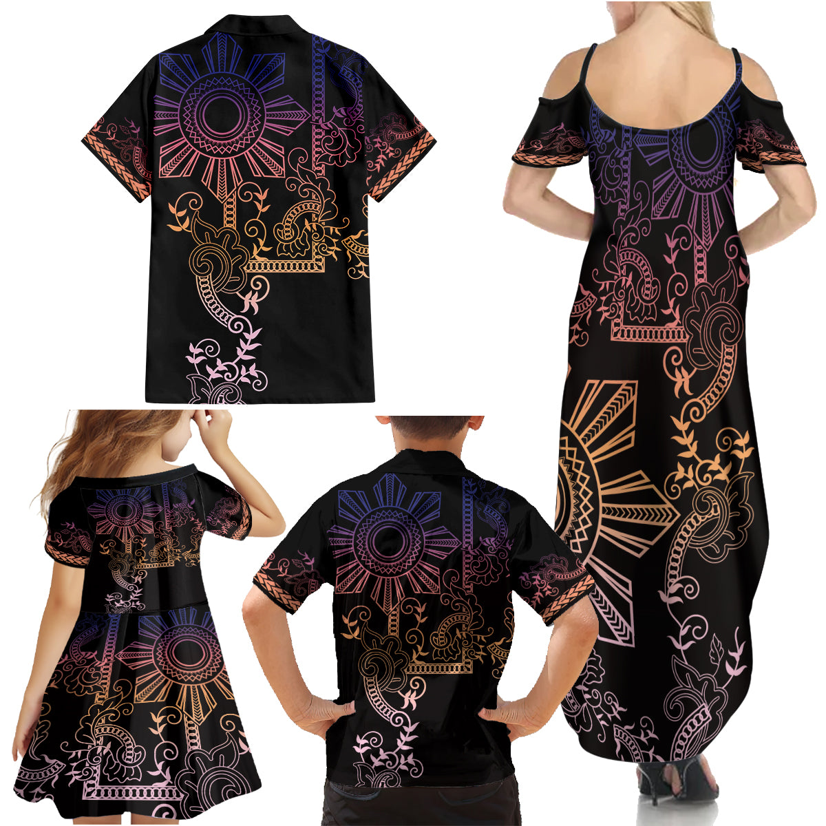 Filipino Sun Tribal Tattoo Family Matching Summer Maxi Dress and Hawaiian Shirt Philippines Inspired Barong Pink Art LT9 - Polynesian Pride