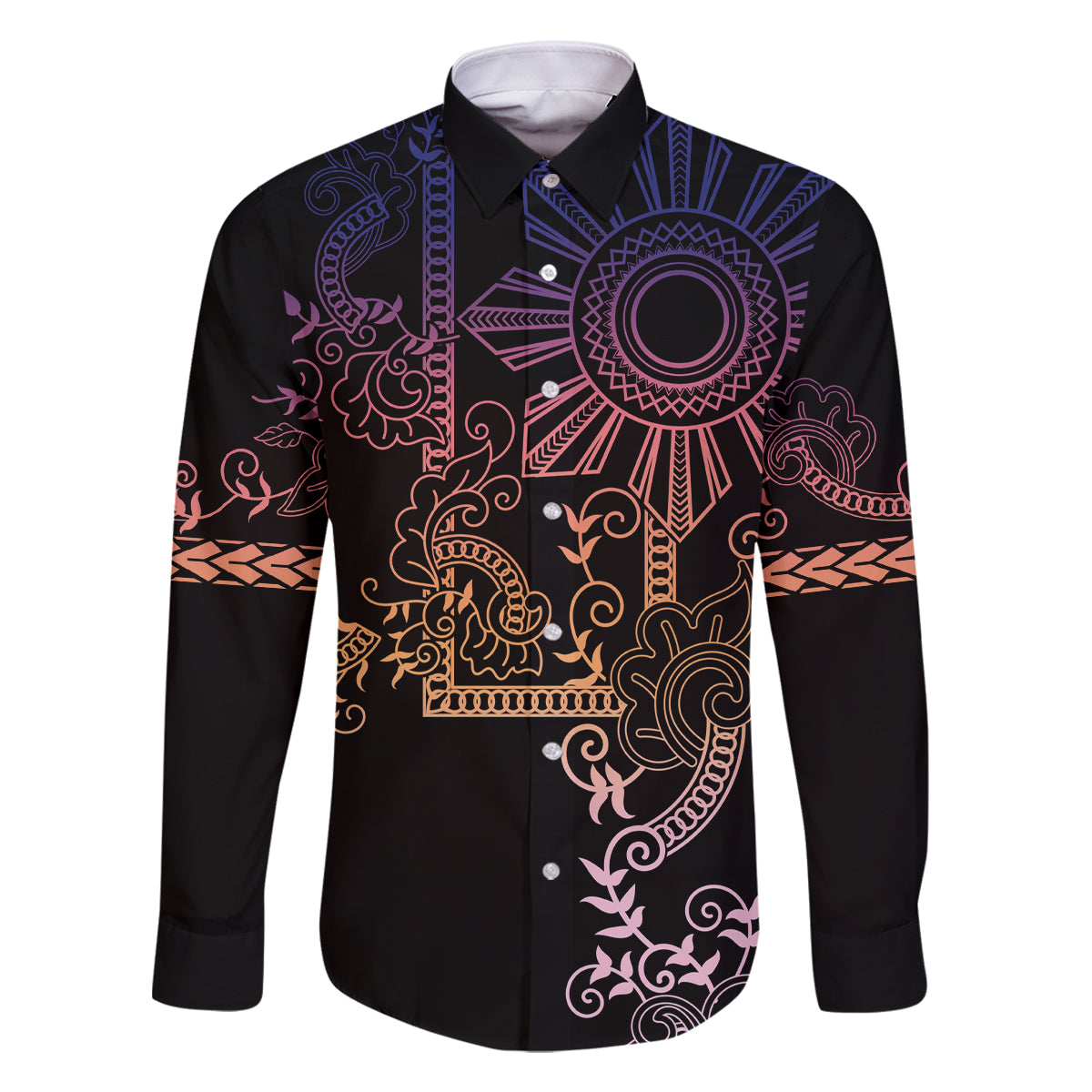 Filipino Sun Tribal Tattoo Family Matching Summer Maxi Dress and Hawaiian Shirt Philippines Inspired Barong Pink Art LT9 Dad's Shirt - Long Sleeve Pink - Polynesian Pride