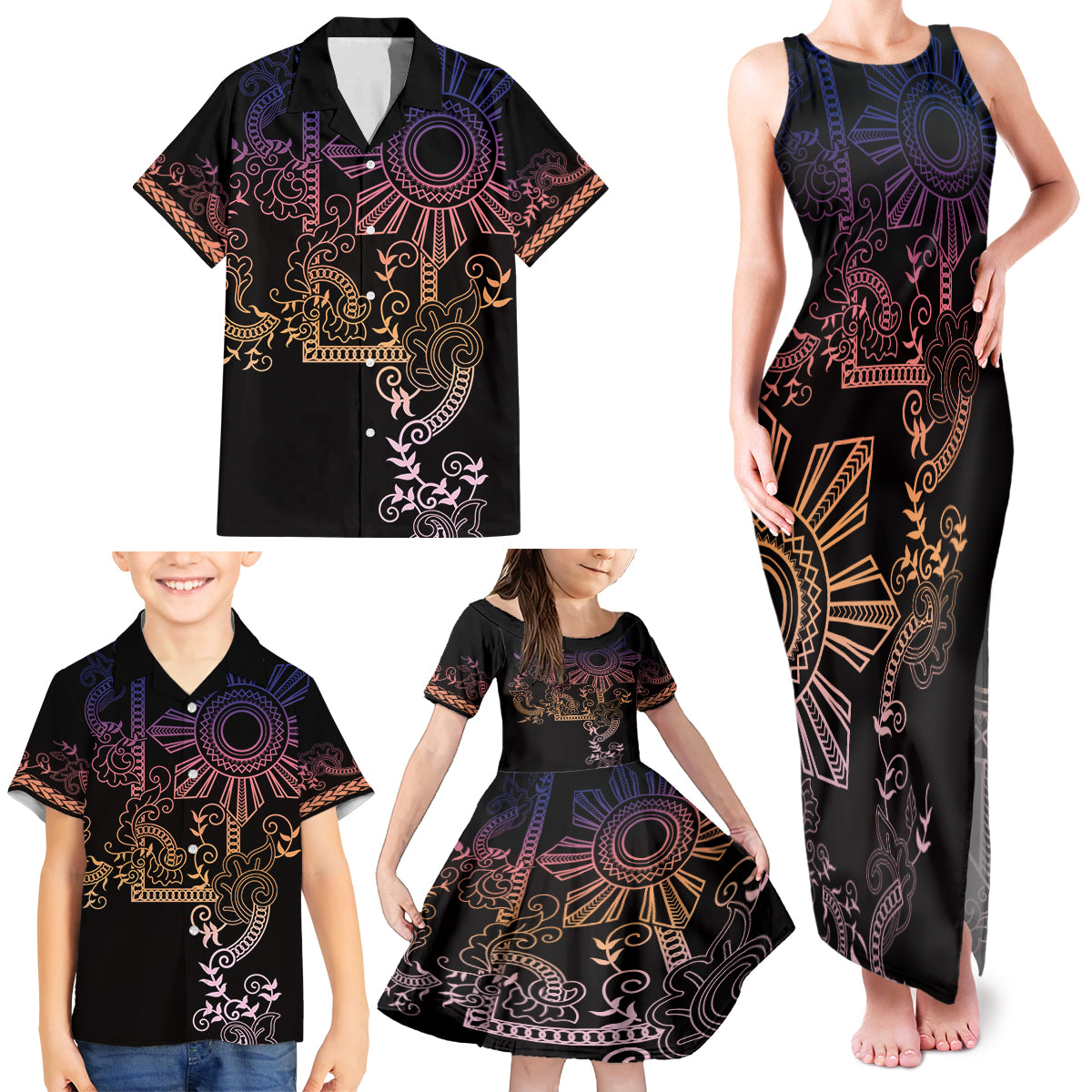 Filipino Sun Tribal Tattoo Family Matching Tank Maxi Dress and Hawaiian Shirt Philippines Inspired Barong Pink Art LT9 - Polynesian Pride
