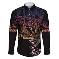 Filipino Sun Tribal Tattoo Family Matching Tank Maxi Dress and Hawaiian Shirt Philippines Inspired Barong Pink Art LT9 Dad's Shirt - Long Sleeve Pink - Polynesian Pride