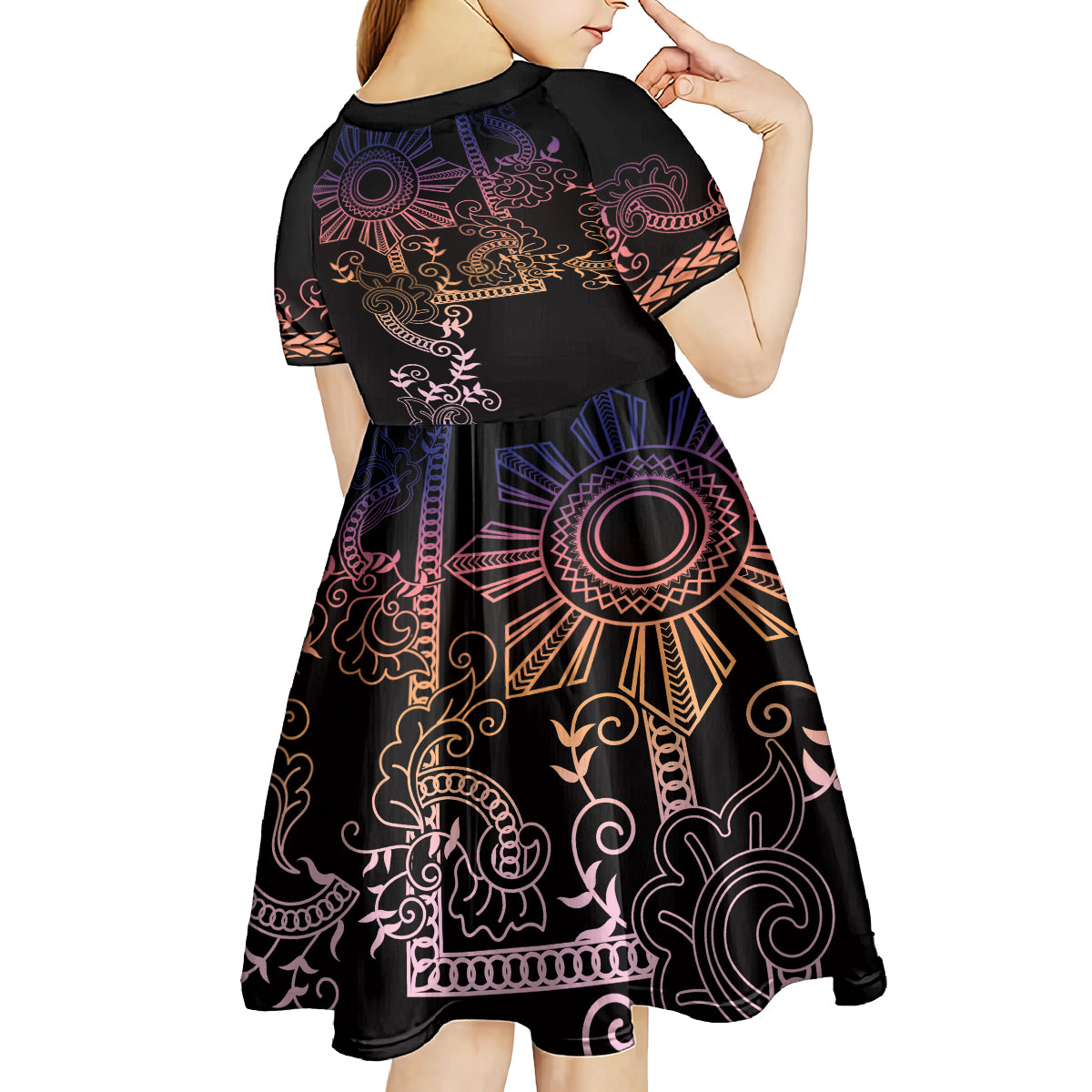 Filipino Sun Tribal Tattoo Kid Short Sleeve Dress Philippines Inspired Barong Pink Art LT9 - Polynesian Pride