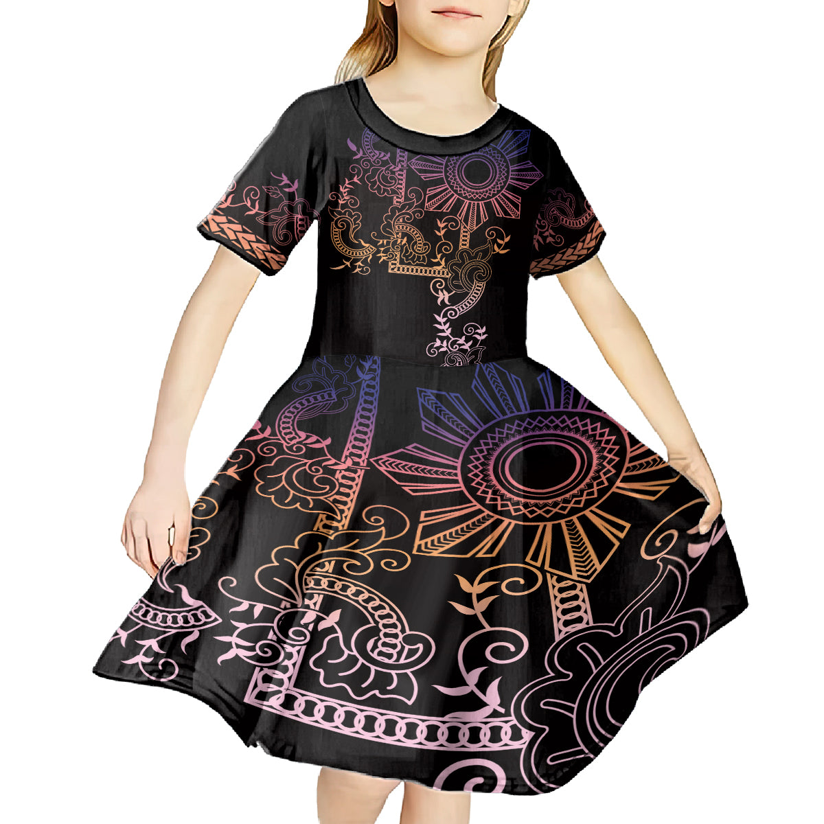 Filipino Sun Tribal Tattoo Kid Short Sleeve Dress Philippines Inspired Barong Pink Art LT9 - Polynesian Pride
