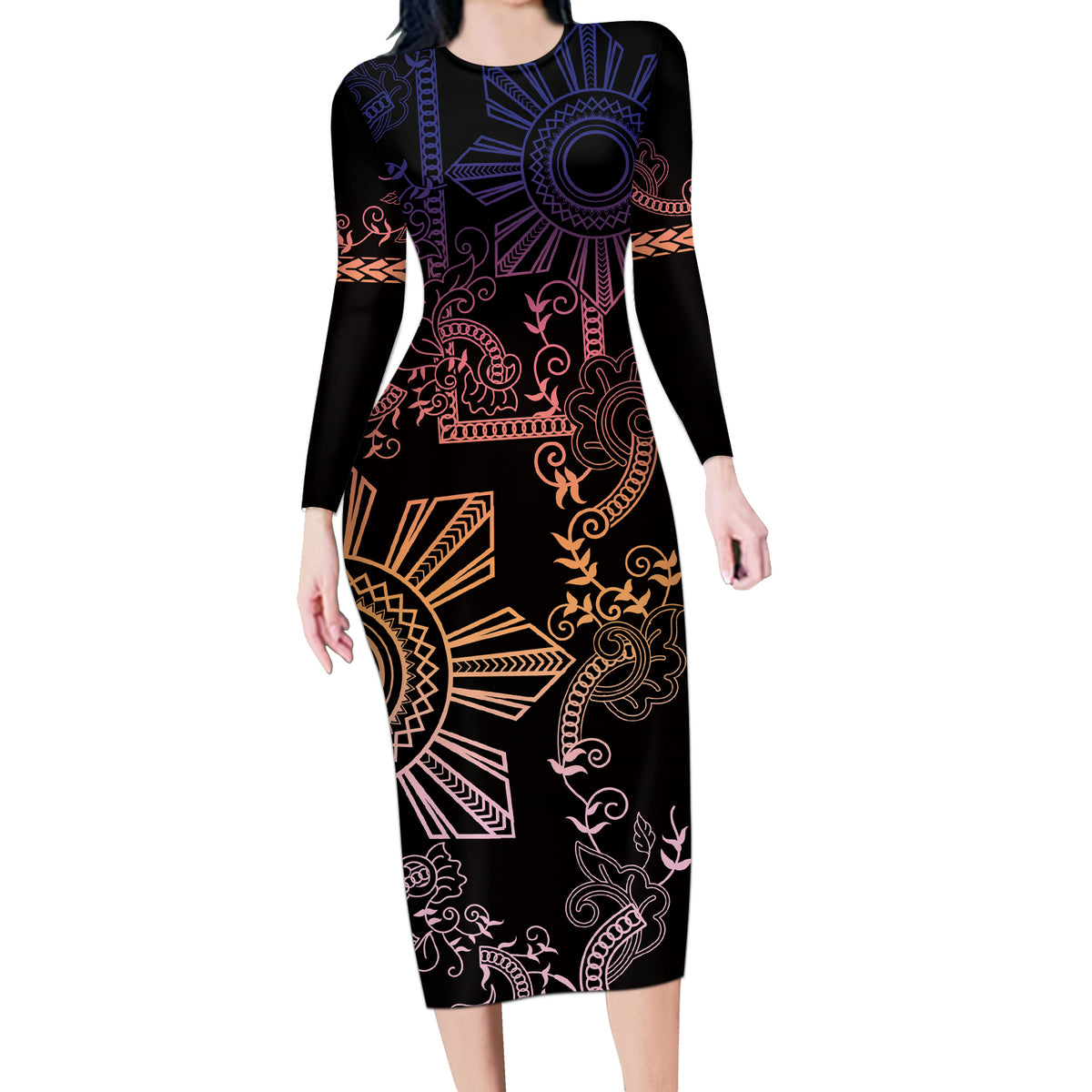 Filipino Sun Tribal Tattoo Long Sleeve Bodycon Dress Philippines Inspired Barong Pink Art LT9 Long Dress Pink - Polynesian Pride
